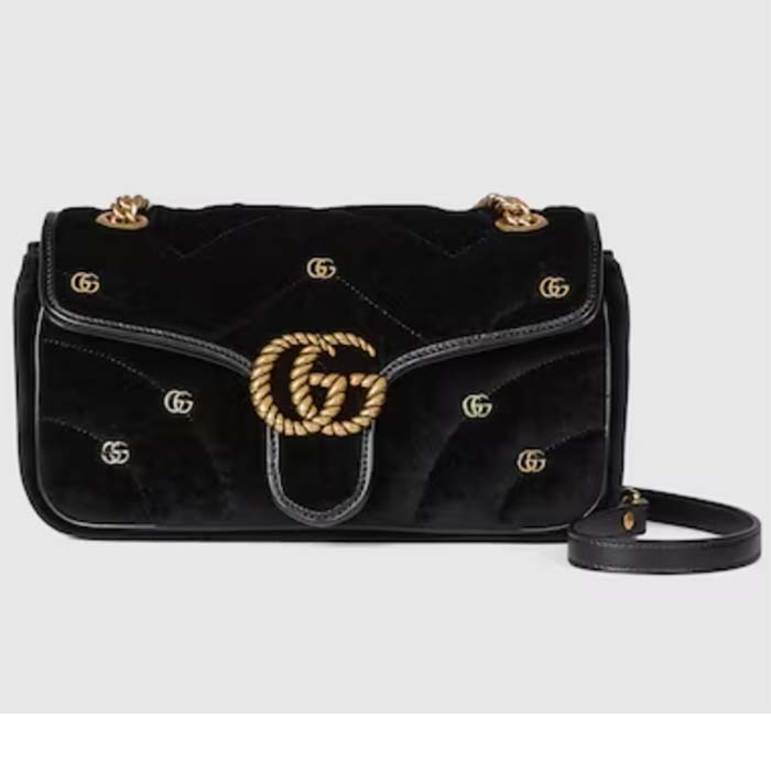 Gucci Women GG Marmont Small Shoulder Bag Black Quilted Chevron Velvet Leather Double G