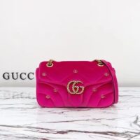 Gucci Women GG Marmont Small Shoulder Bag Dark Pink Quilted Chevron Velvet Leather Double G (8)