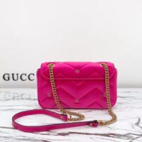 Gucci Women GG Marmont Small Shoulder Bag Dark Pink Quilted Chevron Velvet Leather Double G (8)