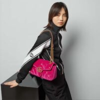 Gucci Women GG Marmont Small Shoulder Bag Dark Pink Quilted Chevron Velvet Leather Double G (8)