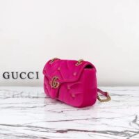 Gucci Women GG Marmont Small Shoulder Bag Dark Pink Quilted Chevron Velvet Leather Double G (8)