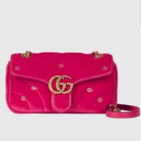 Gucci Women GG Marmont Small Shoulder Bag Dark Pink Quilted Chevron Velvet Leather Double G (8)