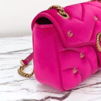 Gucci Women GG Marmont Small Shoulder Bag Dark Pink Quilted Chevron Velvet Leather Double G (8)