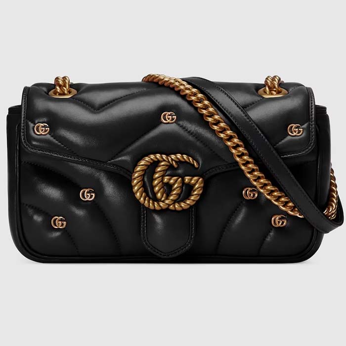 Gucci Women GG Marmont Small Shoulder Bag Double G Black Matelassé Chevron Leather