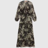 Gucci Women GG Meadow Horses Print Silk Dress Crewneck Balloon Sleeves Flared Skirt