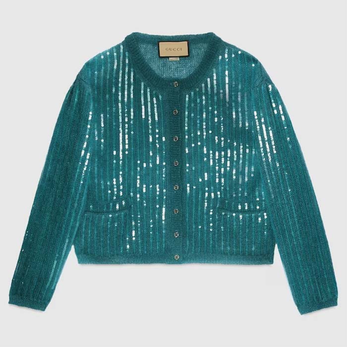 Gucci Women GG Mohair Silk Cardigan Teal Blend Sequin Embroidery Crewneck Long Sleeves