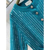 Gucci Women GG Mohair Silk Cardigan Teal Blend Sequin Embroidery Crewneck Long Sleeves (1)