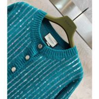 Gucci Women GG Mohair Silk Cardigan Teal Blend Sequin Embroidery Crewneck Long Sleeves (1)