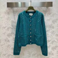 Gucci Women GG Mohair Silk Cardigan Teal Blend Sequin Embroidery Crewneck Long Sleeves (1)