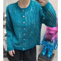 Gucci Women GG Mohair Silk Cardigan Teal Blend Sequin Embroidery Crewneck Long Sleeves (1)