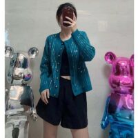 Gucci Women GG Mohair Silk Cardigan Teal Blend Sequin Embroidery Crewneck Long Sleeves (1)