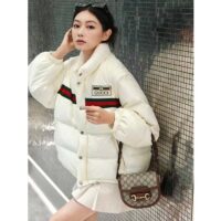 Gucci Women GG Padded Nylon Bomber Jacket Web White Goose Down Detachable Sleeves High Neck (13)