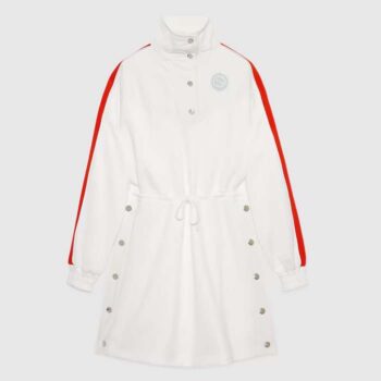 Gucci Women GG Technical Jersey Dress Web High Neck Dropped Shoulder Elastic Cuffs Drawstring Waist