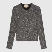 Gucci Women GG Viscose Knit Cardigan Blend Sequin Embroidery Silver Crewneck Long Sleeves (7)