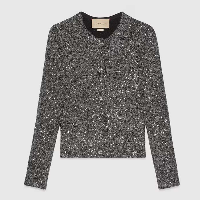 Gucci Women GG Viscose Knit Cardigan Blend Sequin Embroidery Silver Crewneck Long Sleeves