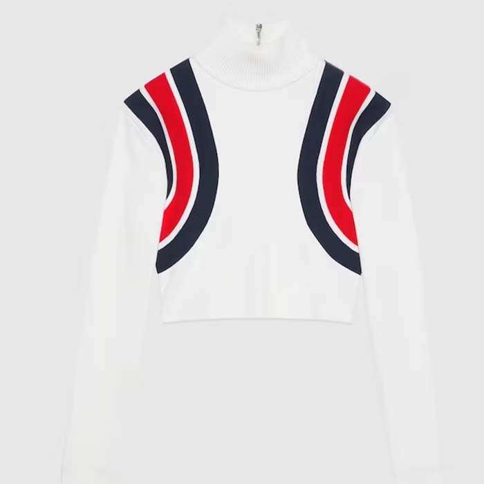 Gucci Women GG Viscose Knit Top Ivory High Neck Long Sleeves Cropped Length