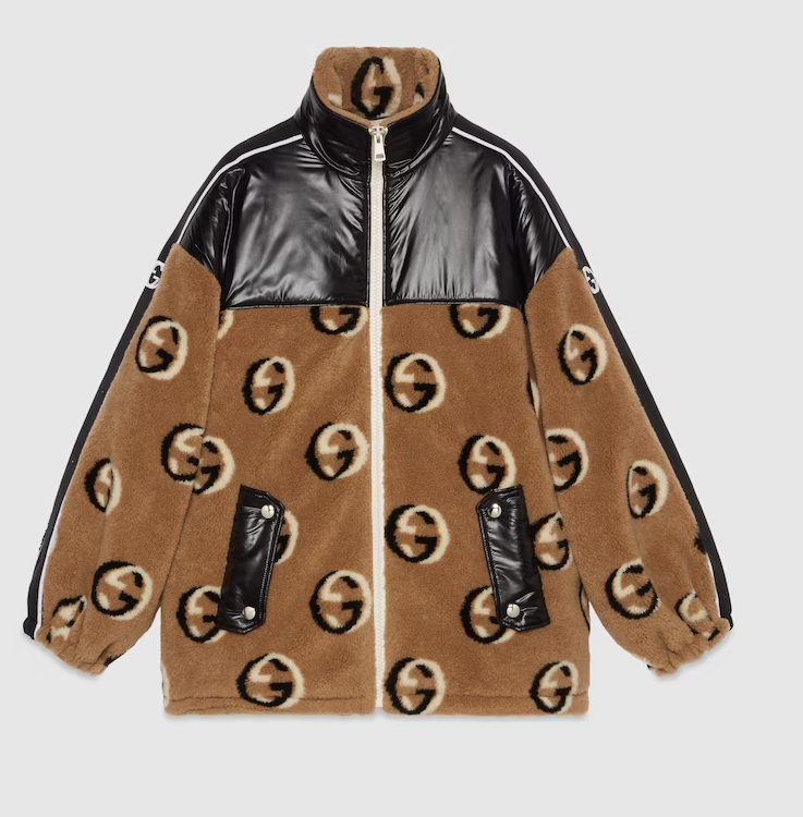 Gucci Women GG Wool Fleece Jacquard Zip Jacket Lined High Neck Dropped Shoulder Nylon Inserts