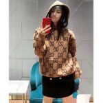 Gucci Women GG Wool Hooded Sweatshirt Camel Ebony Fixed Hood Kangaroo Pocket Rib - Image 12