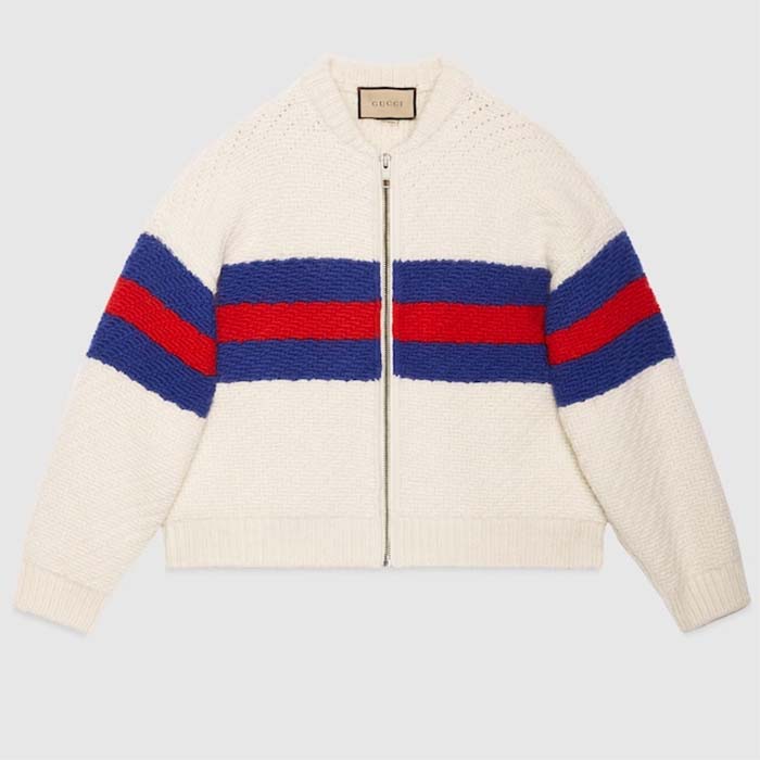Gucci Women GG Wool Mohair Cardigan Web Knitted Collar Dropped Shoulder Long Sleeves