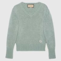 Gucci Women GG Wool Mohair Sweater Crystal G Blue V-Neck Dropped Shoulder Long Sleeves (6)