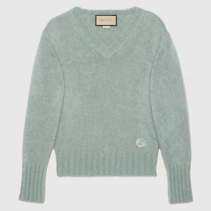 Gucci Women GG Wool Mohair Sweater Crystal G Blue V-Neck Dropped Shoulder Long Sleeves