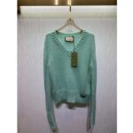 Gucci Women GG Wool Mohair Sweater Crystal G Blue V-Neck Dropped Shoulder Long Sleeves - Image 2