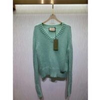 Gucci Women GG Wool Mohair Sweater Crystal G Blue V-Neck Dropped Shoulder Long Sleeves (6)