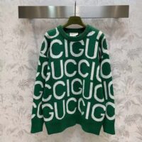 Gucci Women GG Wool Sweater Gucci Intarsia Green Crewneck Dropped Shoulder (15)