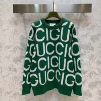 Gucci Women GG Wool Sweater Gucci Intarsia Green Crewneck Dropped Shoulder (15)