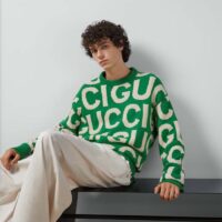 Gucci Women GG Wool Sweater Gucci Intarsia Green Crewneck Dropped Shoulder (15)