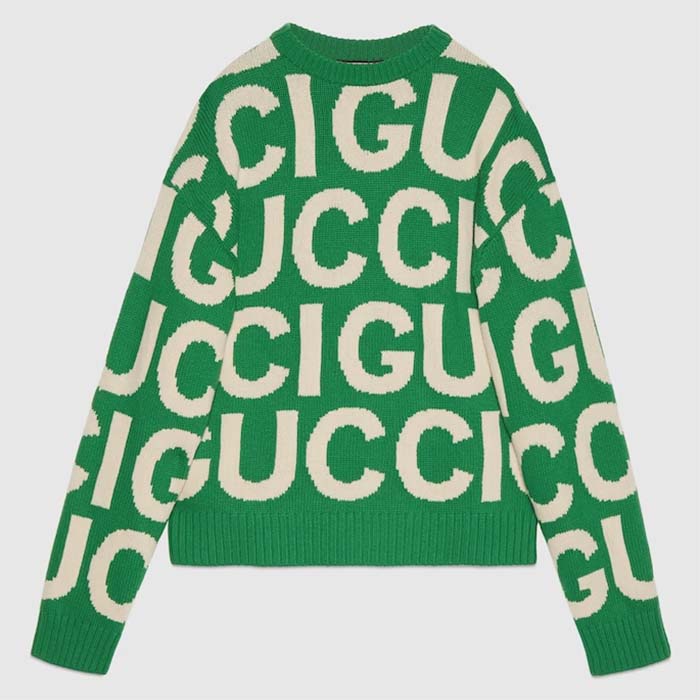 Gucci Women GG Wool Sweater Gucci Intarsia Green Crewneck Dropped Shoulder