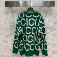 Gucci Women GG Wool Sweater Gucci Intarsia Green Crewneck Dropped Shoulder (15)