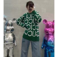 Gucci Women GG Wool Sweater Gucci Intarsia Green Crewneck Dropped Shoulder (15)