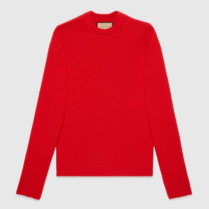 Gucci Women GG Wool Top Gucci Intarsia Red Crewneck Dropped Shoulder Long Sleeves