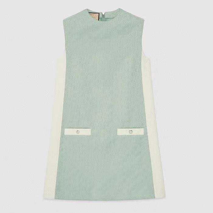 Gucci Women Reversible GG Canvas Dress Pale Blue Unlined Crewneck Sleeveless Two Front Pockets