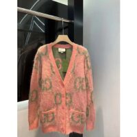 Gucci Women Reversible GG Mohair Cardigan Light Green Pink Brushed Jacquard Wool V-Neck (2)