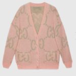 Gucci Women Reversible GG Mohair Cardigan Light Green Pink Brushed Jacquard Wool V-Neck