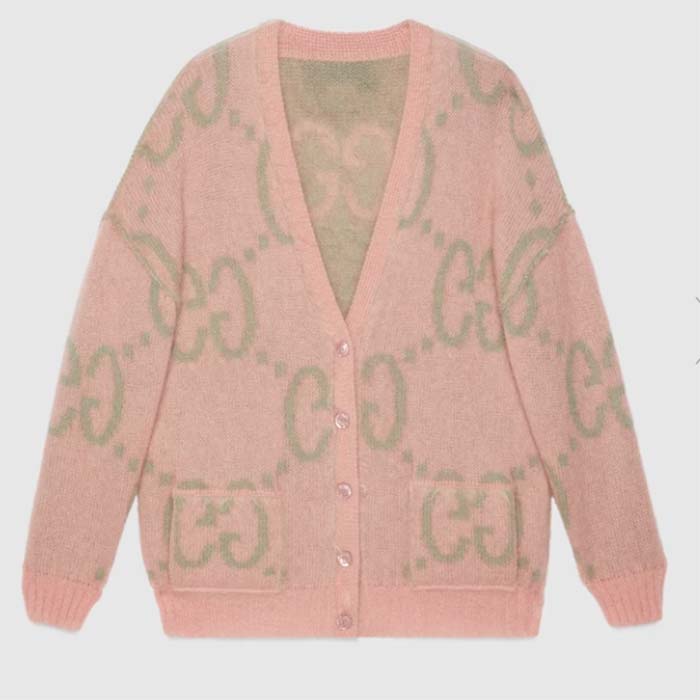Gucci Women Reversible GG Mohair Cardigan Light Green Pink Brushed Jacquard Wool V-Neck