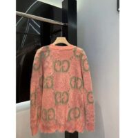 Gucci Women Reversible GG Mohair Cardigan Light Green Pink Brushed Jacquard Wool V-Neck (2)