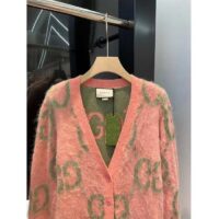 Gucci Women Reversible GG Mohair Cardigan Light Green Pink Brushed Jacquard Wool V-Neck (2)