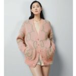 Gucci Women Reversible GG Mohair Cardigan Light Green Pink Brushed Jacquard Wool V-Neck - immagine 12