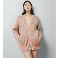 Gucci Women Reversible GG Mohair Cardigan Light Green Pink Brushed Jacquard Wool V-Neck (2)