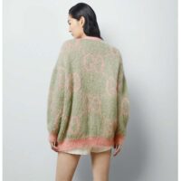 Gucci Women Reversible GG Mohair Cardigan Light Green Pink Brushed Jacquard Wool V-Neck (2)