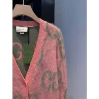 Gucci Women Reversible GG Mohair Cardigan Light Green Pink Brushed Jacquard Wool V-Neck (2)