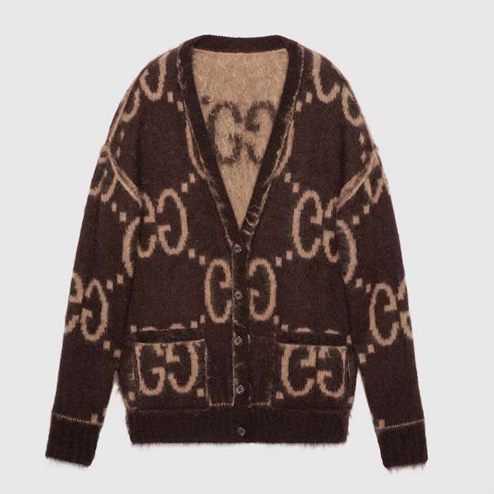 Gucci Women Reversible GG Mohair Wool Cardigan Brushed GG Jacquard Blend V-Neck Front Pockets