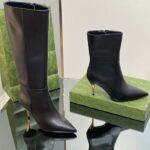 Gucci Women's Ankle Boot Black Leather Pointed Toe Metal Effect Heel Zip Closure Mid-Heel - Image 11