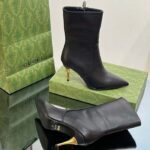 Gucci Women's Ankle Boot Black Leather Pointed Toe Metal Effect Heel Zip Closure Mid-Heel - Image 4