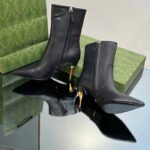 Gucci Women's Ankle Boot Black Leather Pointed Toe Metal Effect Heel Zip Closure Mid-Heel - Image 5