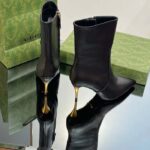 Gucci Women's Ankle Boot Black Leather Pointed Toe Metal Effect Heel Zip Closure Mid-Heel - Image 7