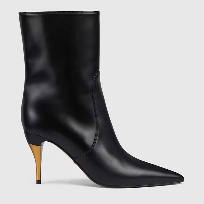 Gucci Women's Ankle Boot Black Leather Pointed Toe Metal Effect Heel Zip Closure Mid-Heel